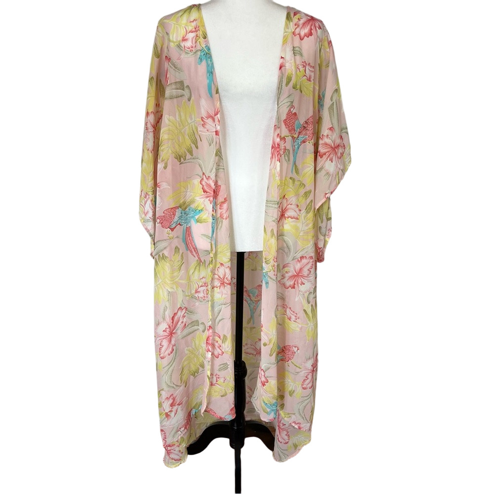 UK2LA Women's Lightweight Floral Parrot Kimono Swim Cover Up M Flowy Layering